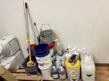 LOT OF ASSORTED CLEANING TOOLS & CHEMICALS