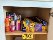 LOT OF ASSORTED CLEANING SUPPLIES, AIR FRESHENERS & INSECT REPELLANT IN 3-CABINETS