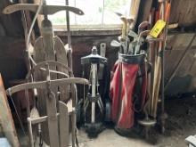 CONTENTS ALONG WALL & UNDER STAIRS: GOLF CLUBS & CADDY, DOUBLE RUNNER SLEDS, AXLES, CONSOLE TV