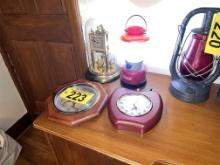 LOT: 2-WALL CLOCKS, 1-GERMAN SCHATZ GLASS DOME CLOCK, COLEMAN LANTERN