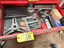 CONTENTS OF 2-DRAWERS: PULLER & PARTS, C-CLAMPS, SOCKETS, WRENCHES