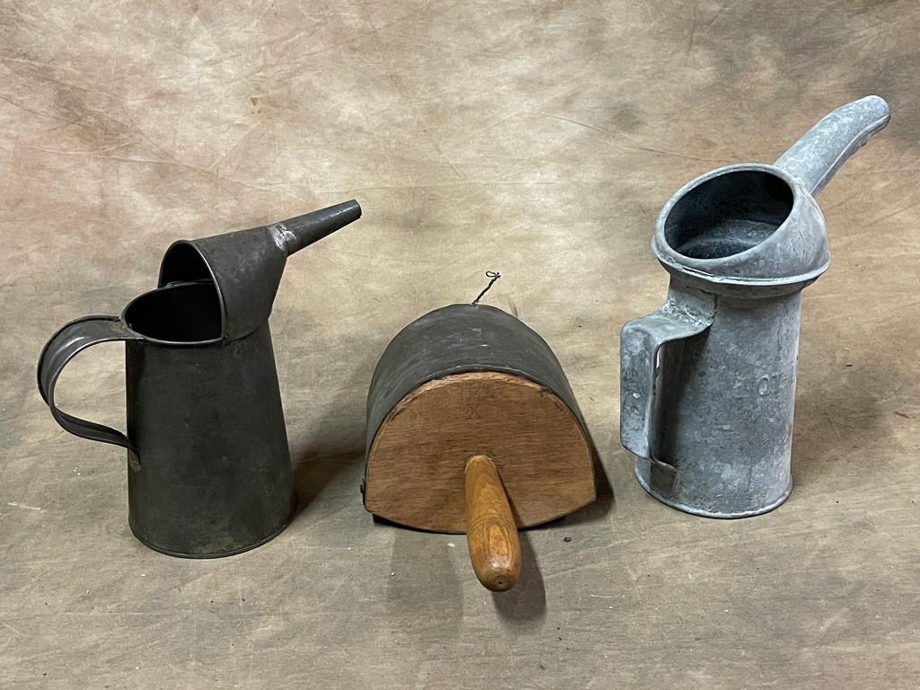 Antique Country Store Scoop and Two Oil Cans