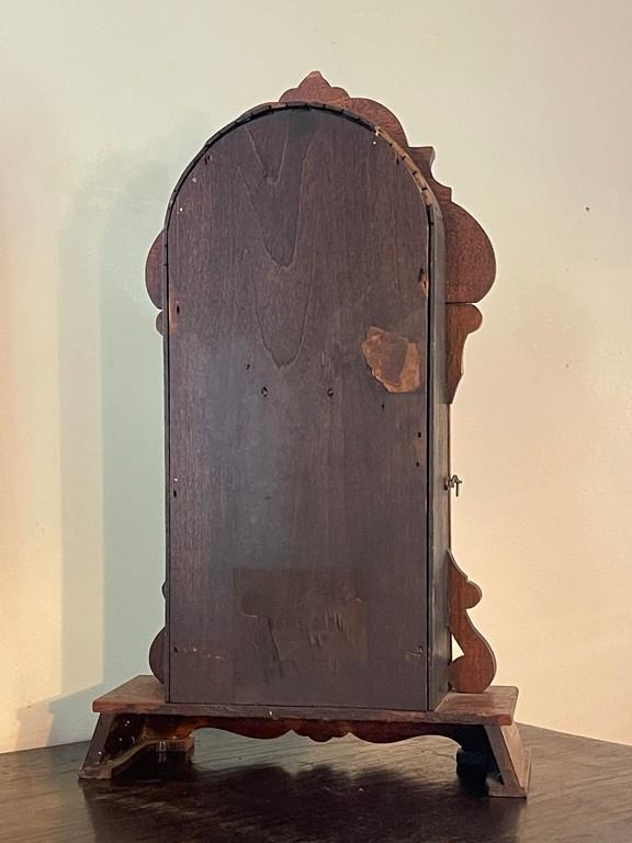 Small Wooden Mantle Clock with Decorative Design on Glass