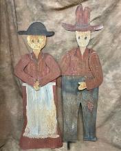 Vintage Folk Art Painted Tin Man & Woman Yard Displays