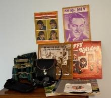 Two Pair of Binoculars, Gun Holster, Records and More