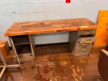 Wood and metal table 72W x 25D with 4 drawers and cabinet