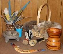 Mixed Natural D?cor Includes Fur-Lined Basket, Grinding Stone Bowl, and More