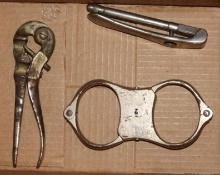 Old Steel Handcuffs with No Key and Two Unknown Tools