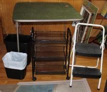 Folding Card Table, Step Ladder, Rolling Cart, and Trash Cans