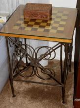 Great Wood Chess Table with Iron Legs and Chess Pieces in Decorative Box