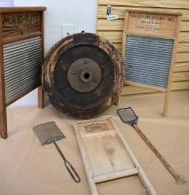 Three Wash Boards with 19" Wooden Wheel & Two Fly Swatters