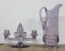 Beautiful Amethyst Glass Pitcher and Candle Holder