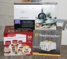 Set of Cookware, Storage Containers, and Toastmaster