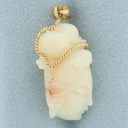 Vintage Hand Carved Angel Skin Coral Asian Women Pendant In 14k Yellow Gold