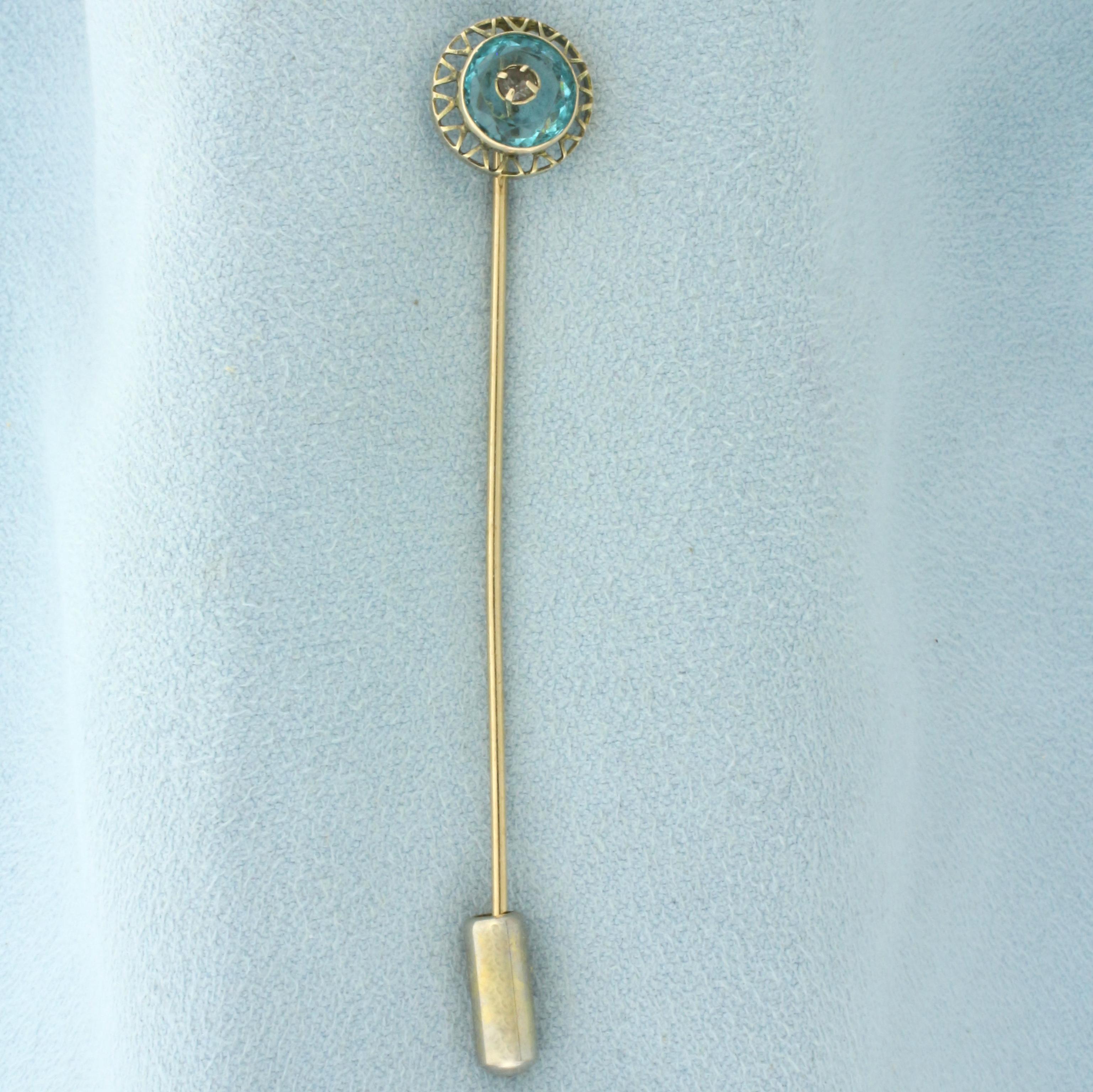 Antique Aquamarine And Diamond Stick Pin In 14k Yellow Gold