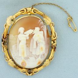 Antique Rotating Bible Scene Cameo Pin Brooch In 14k Yellow Gold
