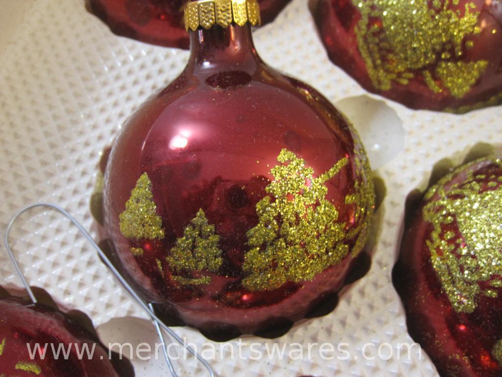 Two Sets of Eight Vintage Visions by Holly Glass Christmas Balls with Glitter in Original Boxes, 10
