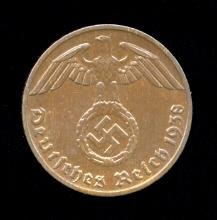 1938-F ... 1 Pfennig ... Old Nazi German Coin