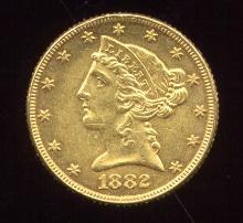 1882 ... 5 Dollar Gold ... High Grade Coronet Head