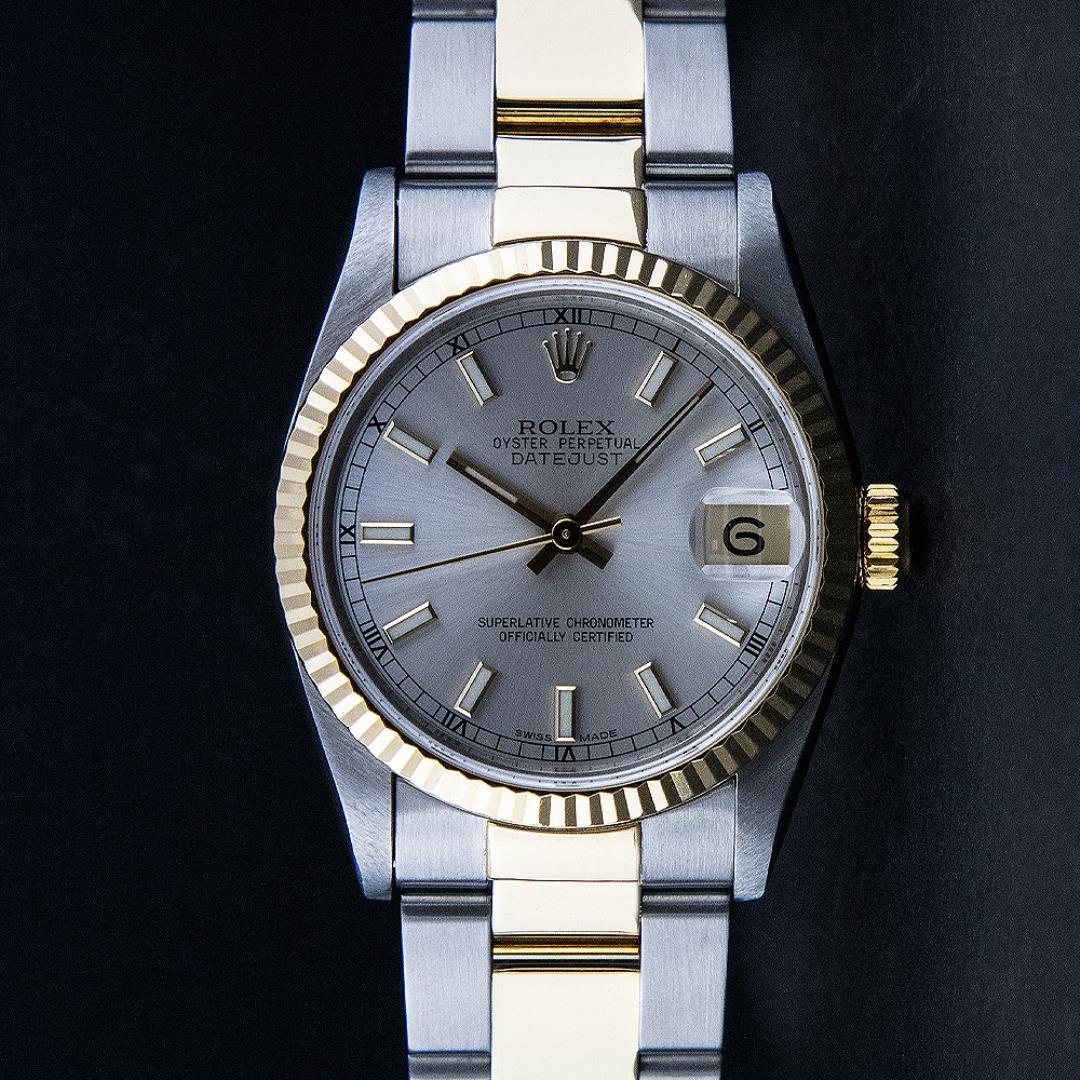 Rolex Ladies Midsize Two Tone Silver Index Datejust Wristwatch