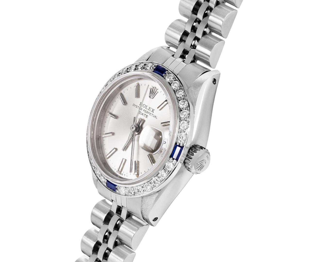 Rolex Ladies Stainless Steel Sapphire and Diamond Date WristWatch With Rolex Box