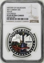 2011 Liberia $5 History of Railroads Adler Proof Silver Coin NGC PF69 Ultra Cameo