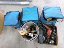 (3) Makita Bags with Cordless Tools, Box with Power Tools and Bucket of Tro