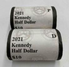 2021 US Mint wrapped P,D Uncirculated rolls Kennedy half dollar (2 rolls).