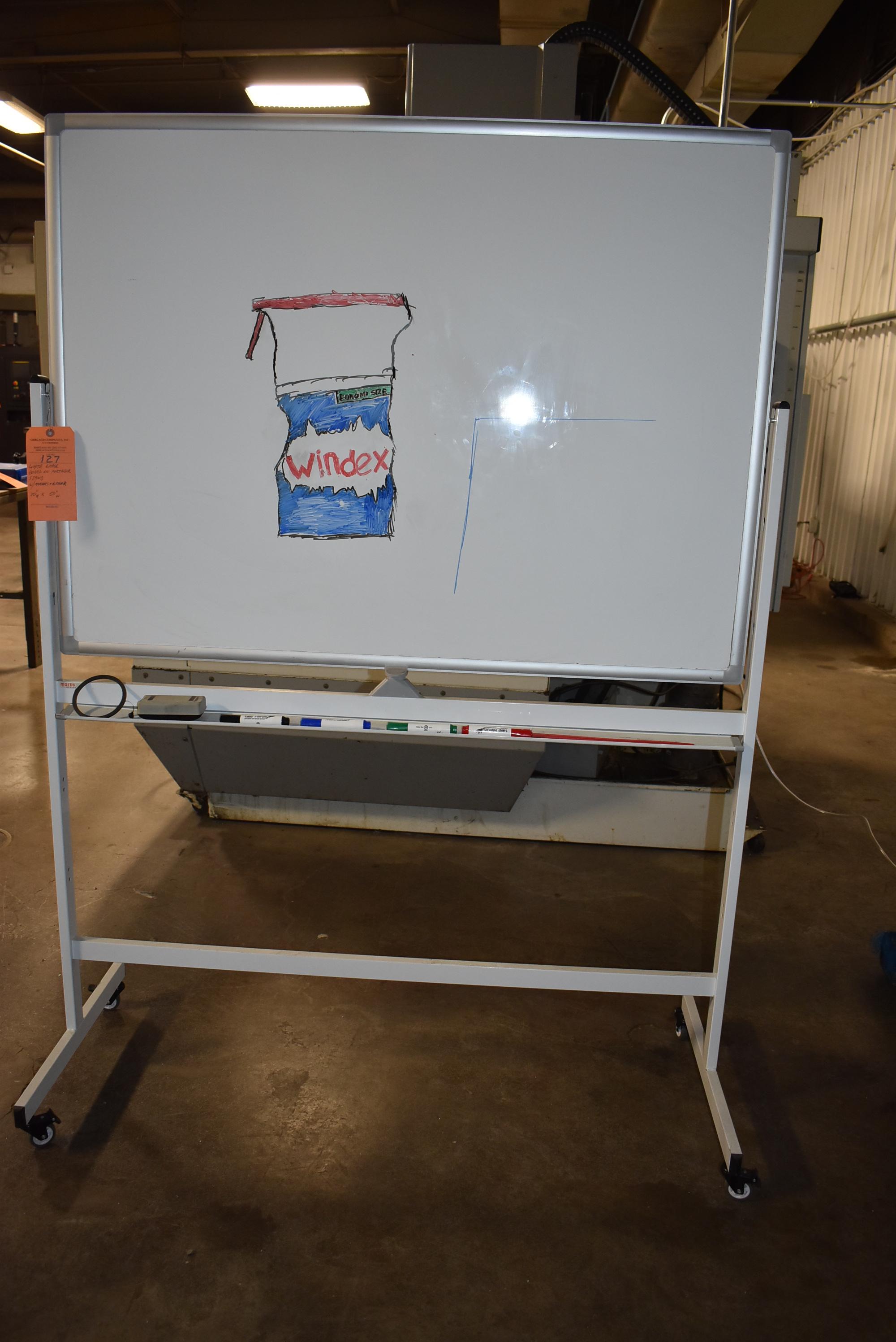 WHITE ERASE BOARD ON PORTABLE STAND WITH MARKERS AND