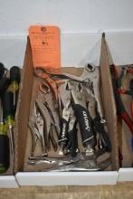 BOX W/ASSORTED VISE GRIPS, LONG NOSE VISE GRIPS,