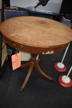 BROWN WOOD TABLE, 27" DIAMETER x 28" TALL WITH DRAWER