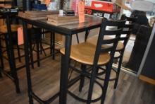 TABLE WITH METAL BASE AND WOOD TOP AND (2) BAR STOOLS,