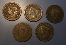 LOT OF FIVE CULL/LOW GRADE LARGE CENTS (5 COINS)