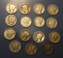 LOT OF FIFTEEN MISC. EARLY DATE MERCURY DIMES AVE. CIRC. (15 COINS)