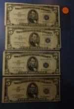 LOT OF ELEVEN MISC. 1953 $5.00 SILVER CERTIFICATE NOTES AVE. CIRC. (11 NOTE