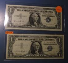 LOT OF TWO 1957-A $1.00 SILVER CERTIFICATE NOTES AU/UNC (2 NOTES)