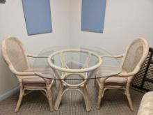RATTAN AND GLASS TOP DINETTE SET WITH 4 CHAIRS