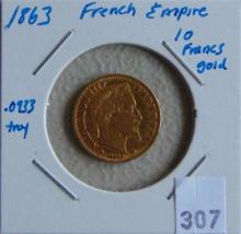 1863 French Empire 10 Francs Gold .0933 Troy.
