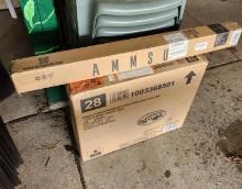 New in Box Ammsun Umbrella and Pair of Hampton Bay Wilson KD Split Back Sling Stack Chairs (located