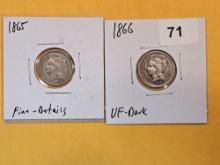 1865 and 1866 Three Cent Nickels