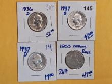 Four mixed silver quarters