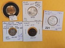 Five mixed World Coins