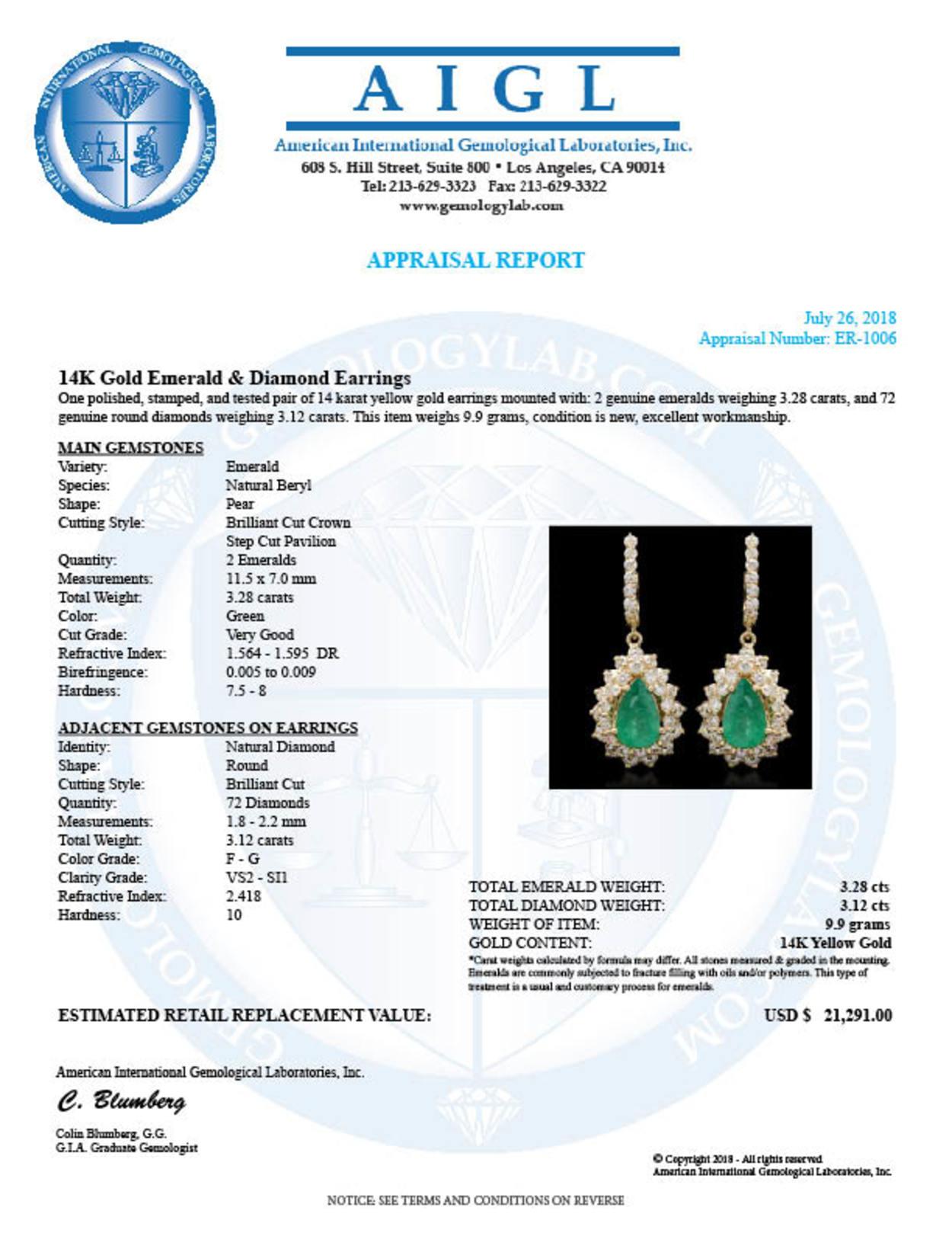 14K Gold 3.28ct Emerald 3.12ct Diamond Earrings