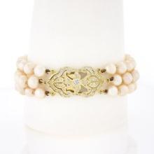 14k Yellow Gold 7.25" 1.25 ctw Diamond Covered Clasp 3 Row Cultured Pearl Bracel