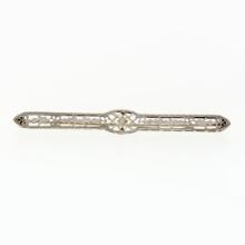 Antique Art Deco 14k White Gold Mine Cut Diamond Open Filigree Bar Pin Brooch