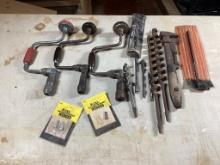 Box lot of breast drills and auger bits, Pipe wrench