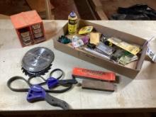 Box lot of miscellaneous hardware, Sharpening stones, 7 1/4 inch circular saw blades