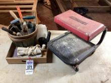 Box lot of gardening tools and seat