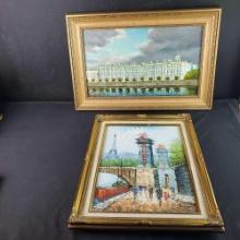 2 oil/canvas paintings with signatures pairs/street art waterfront buildings