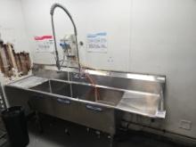 Stainless steel three compartment sink with pre rinse 91" x 24"